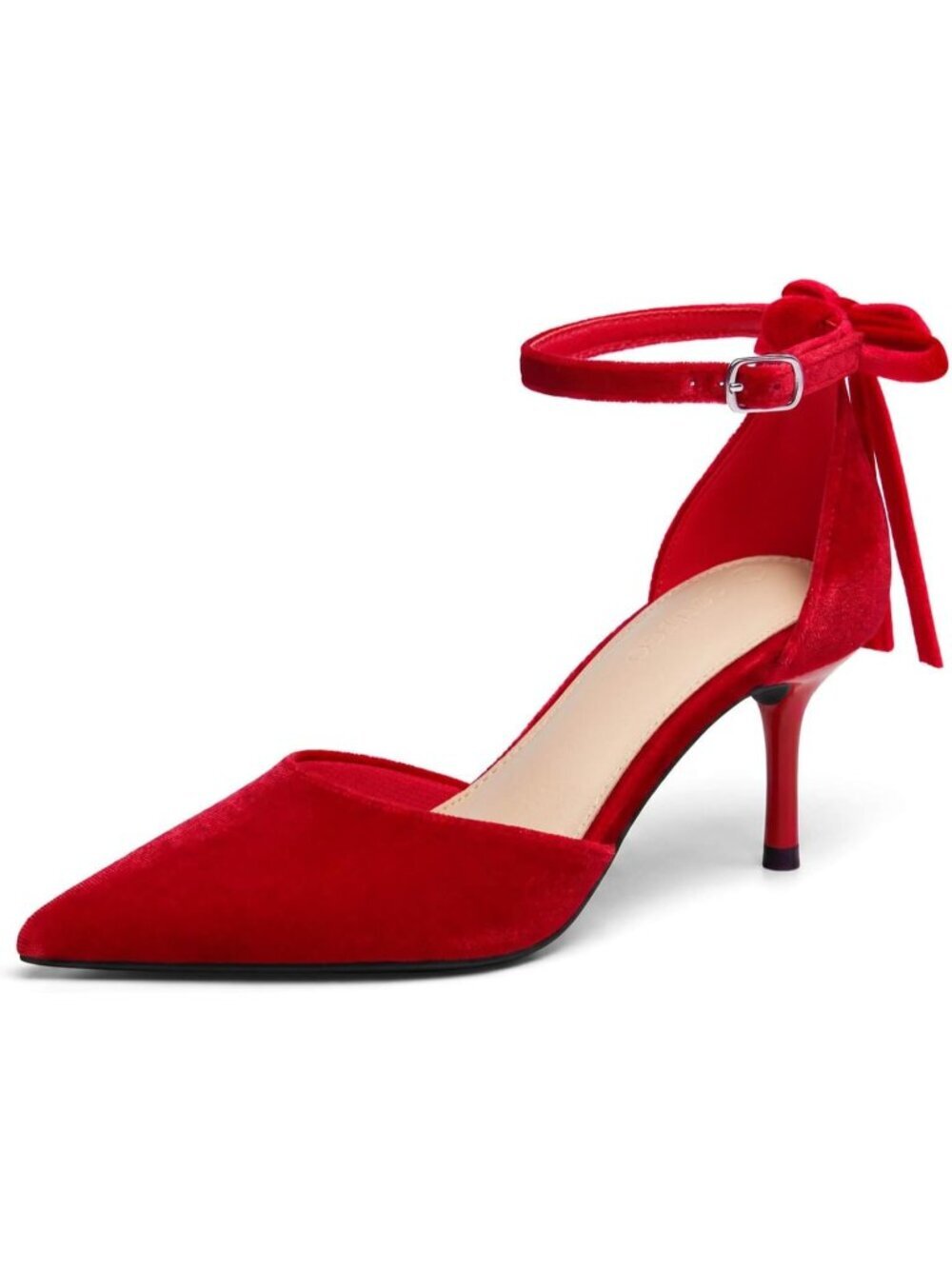 Women's Red Velvet Kitten Low Heels Closed Pointed Toe Bow Ankle Strap Pump Shoe